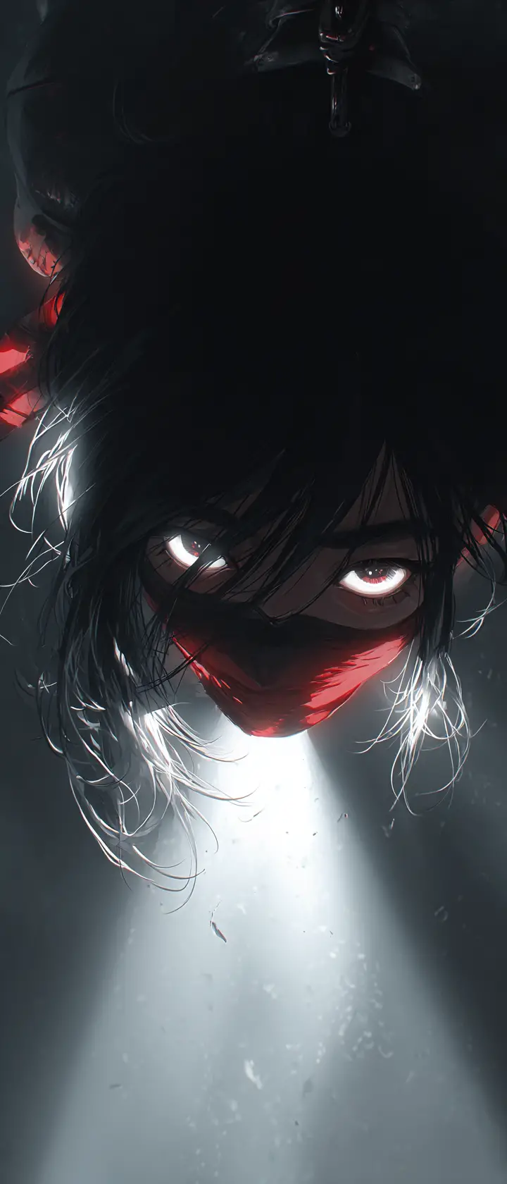 Anime masked assassin hanging upside down in darkness