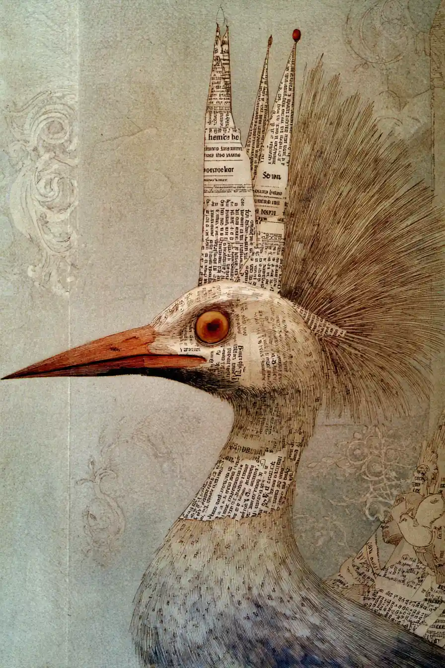 Surreal bird with newspaper feathers and hazel nut eyes