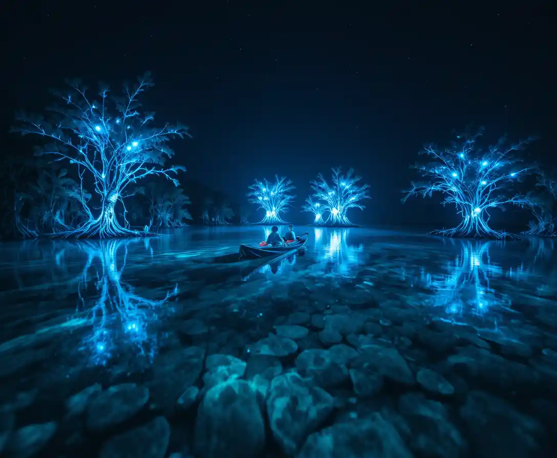 Biolumineszente Bucht leuchtet elektrisches Blau unter tropischem Nachthimmel