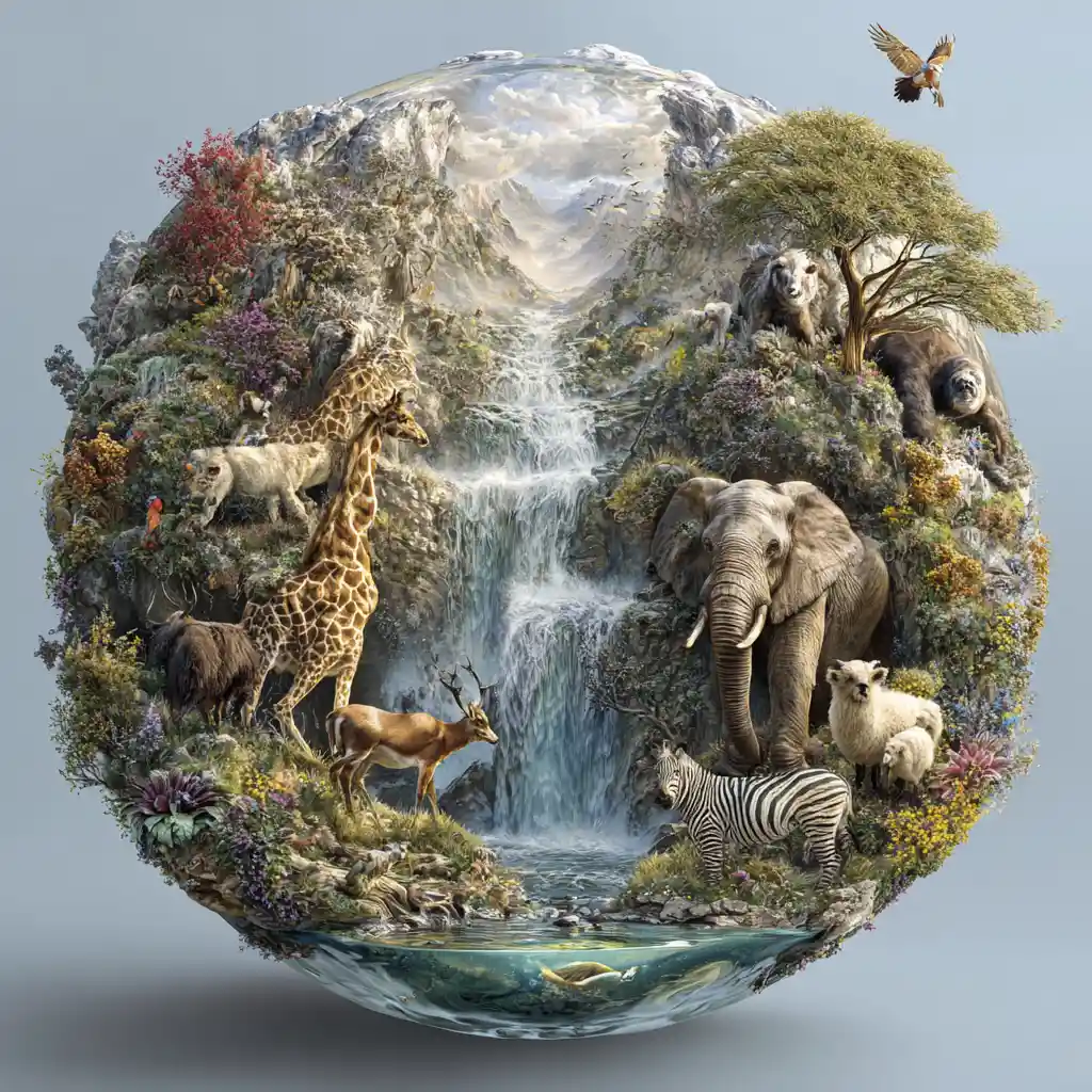 Transparent split sphere world with diverse animal ecosystems
