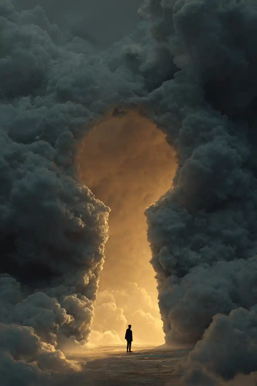 Man At Glowing Keyhole Portal In Stormy Clouds