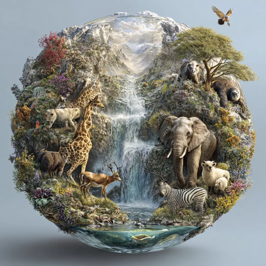 Transparent split sphere world with diverse animal ecosystems