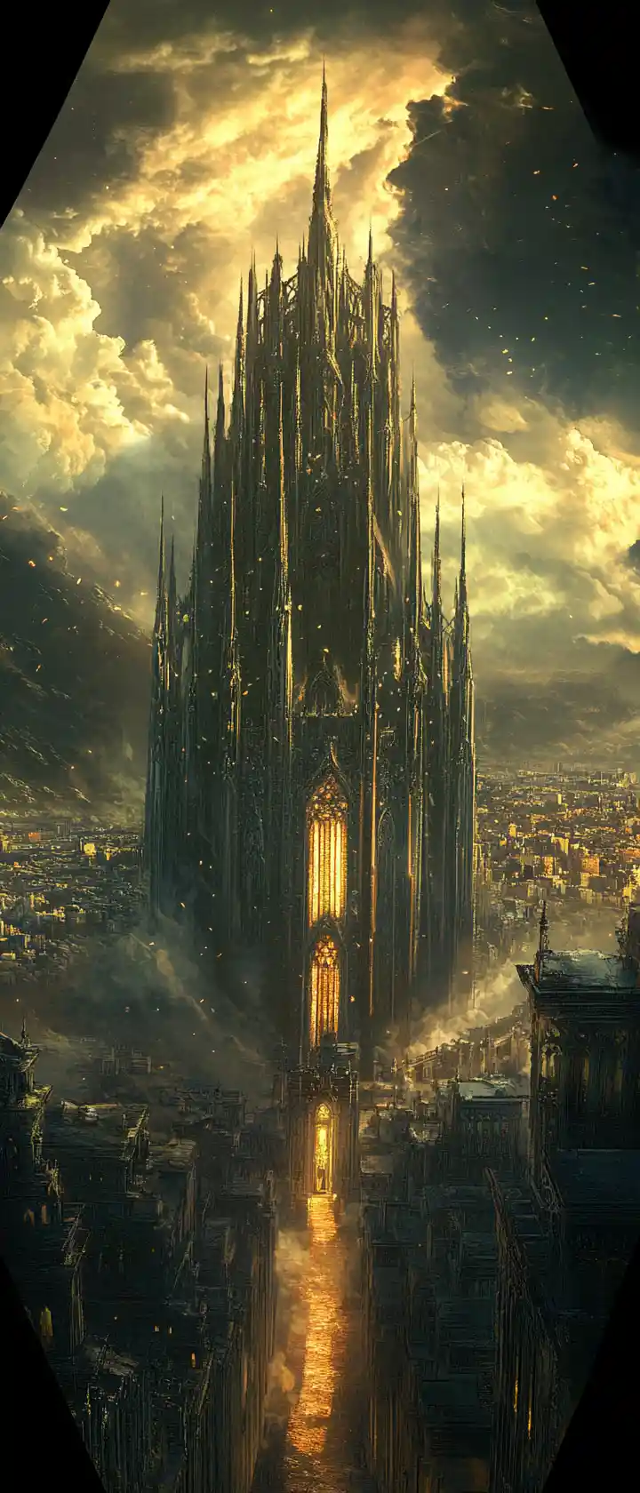 Gotische Kathedrale überragt eine stürmische Stadtsilhouette in der Dämmerung