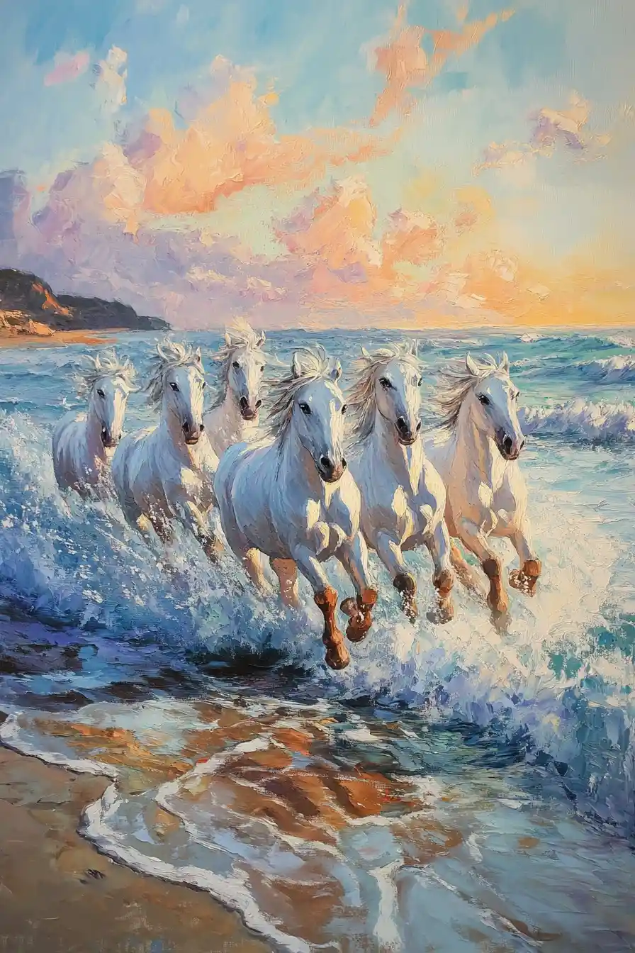 White horses galloping through ocean waves at sunset