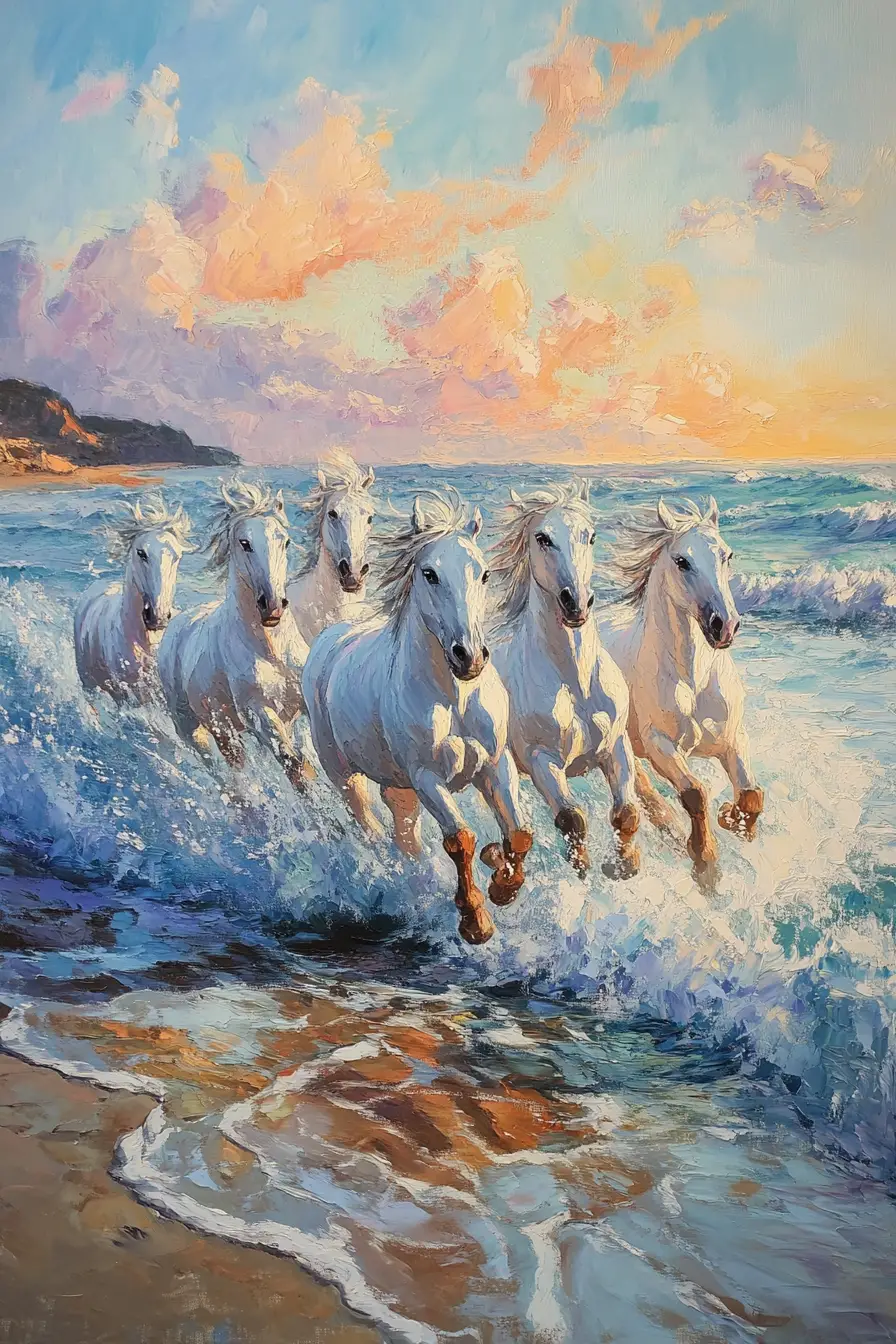 White horses galloping through ocean waves at sunset
