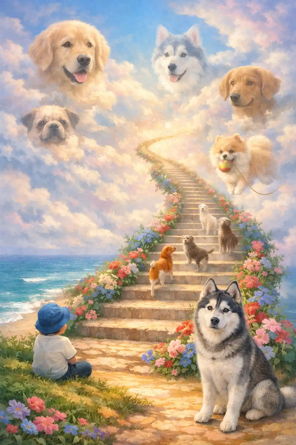 Child and husky at a flower lined stairway to heaven