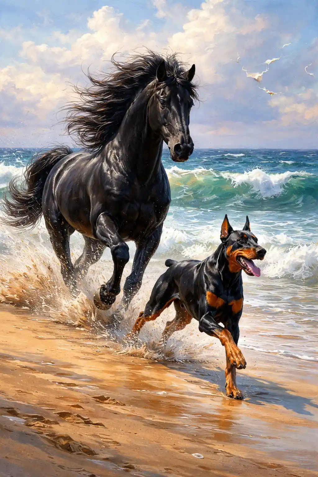 Black horse and Doberman running together on the beach