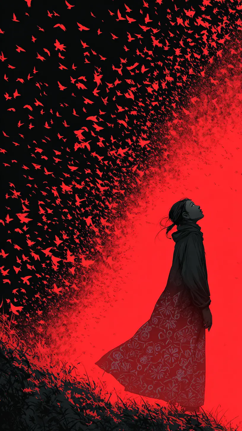 Woman in red dress looking toward glowing sky of birds