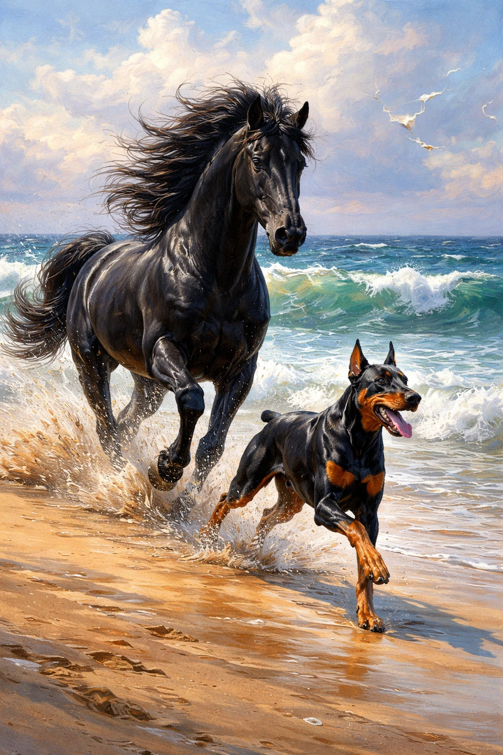 Caballo negro y dóberman corriendo juntos en la playa