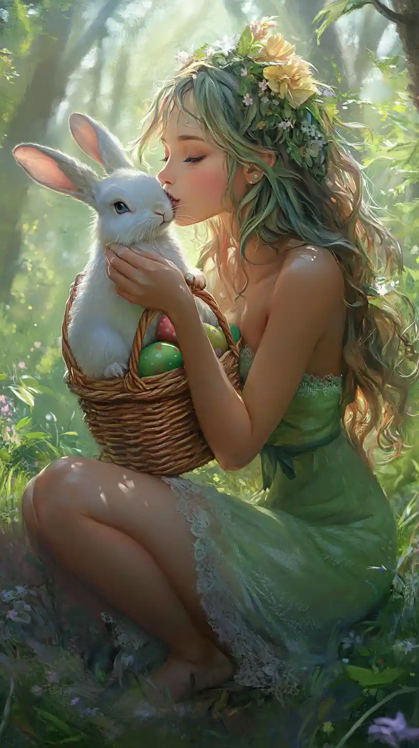 Cheerful woman with rabbit in a dreamy fantasy forest
