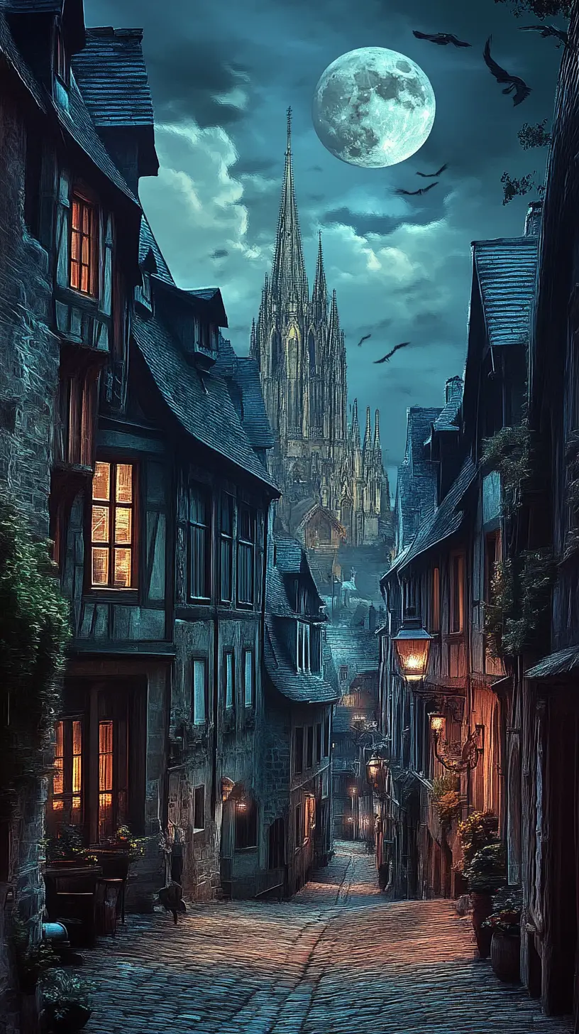 Moonlit cobblestone street in a mysterious European town
