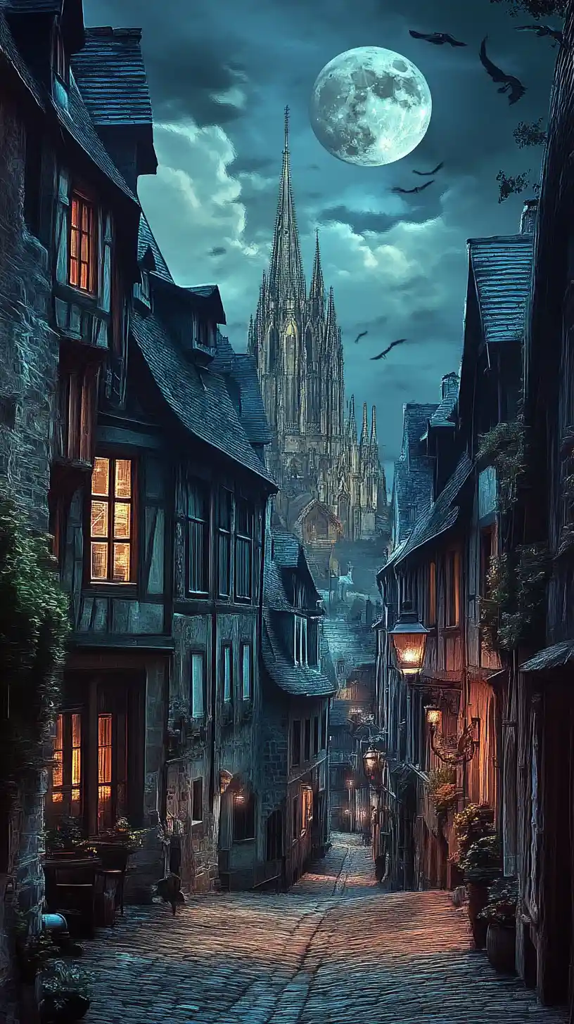 Moonlit cobblestone street in a mysterious European town