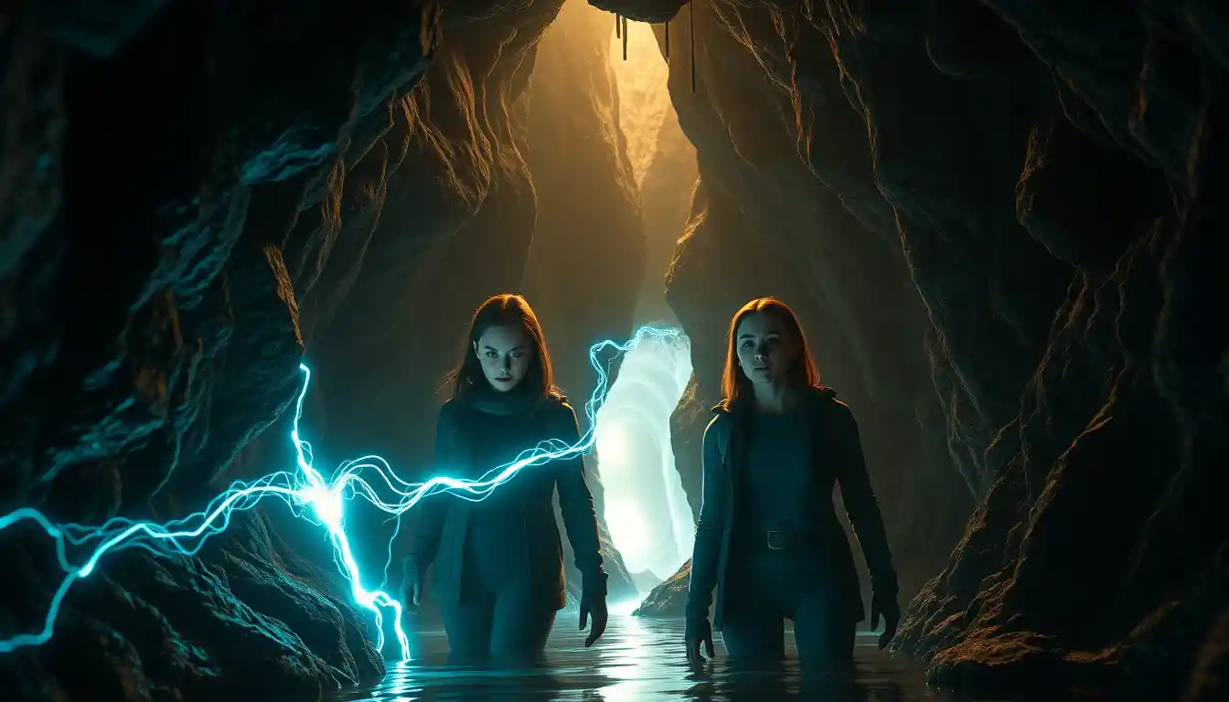 Two explorers shielded by energy inside a vast rocky cavern