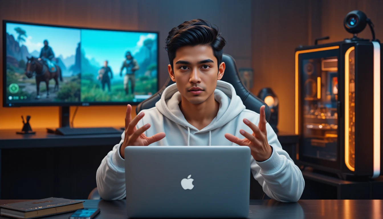 Jeune homme indien parlant à un bureau gaming cinématographique