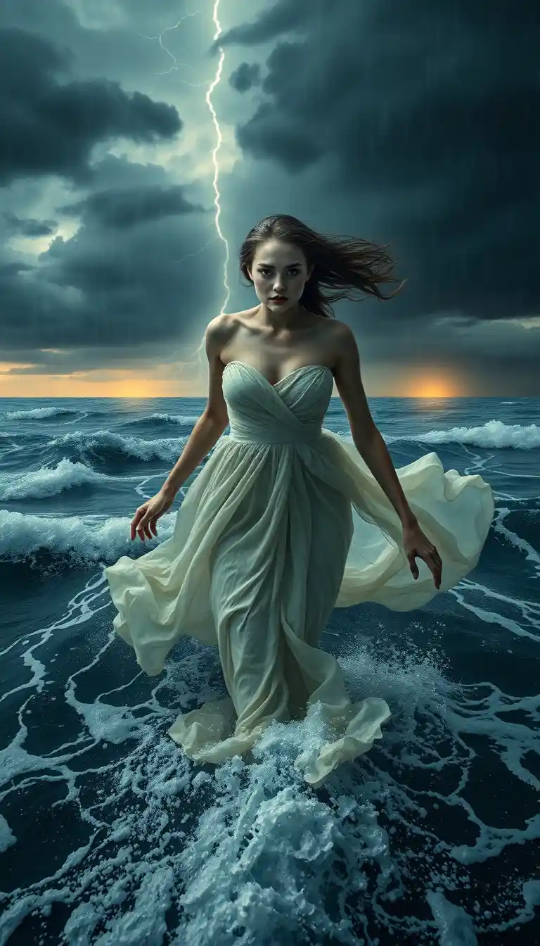 Woman in flowing dress swimming among stormy ocean waves