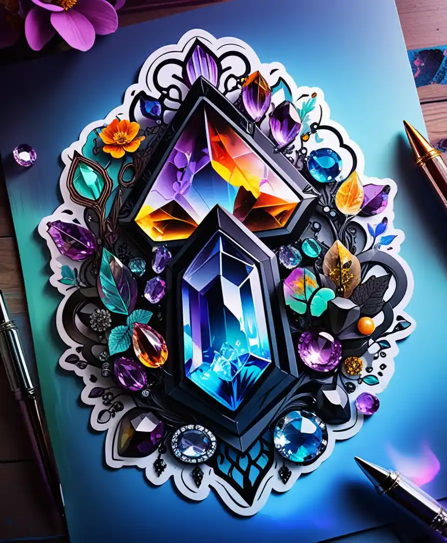 Bohemian goth gemstone tattoo illustration with neon crystal detail