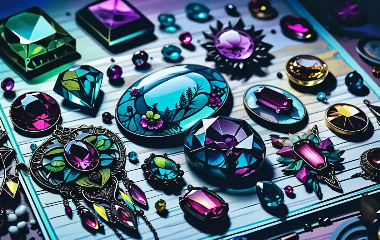 Bohemian goth gemstone jewelry illustration with neon crystal accents