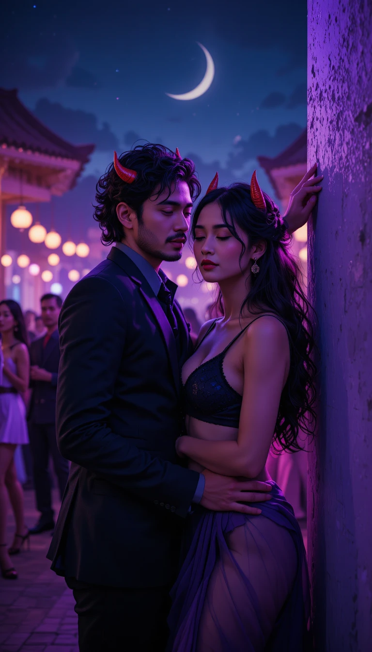 Noche romántica en la azotea con kabedon bajo luces moradas de fiesta