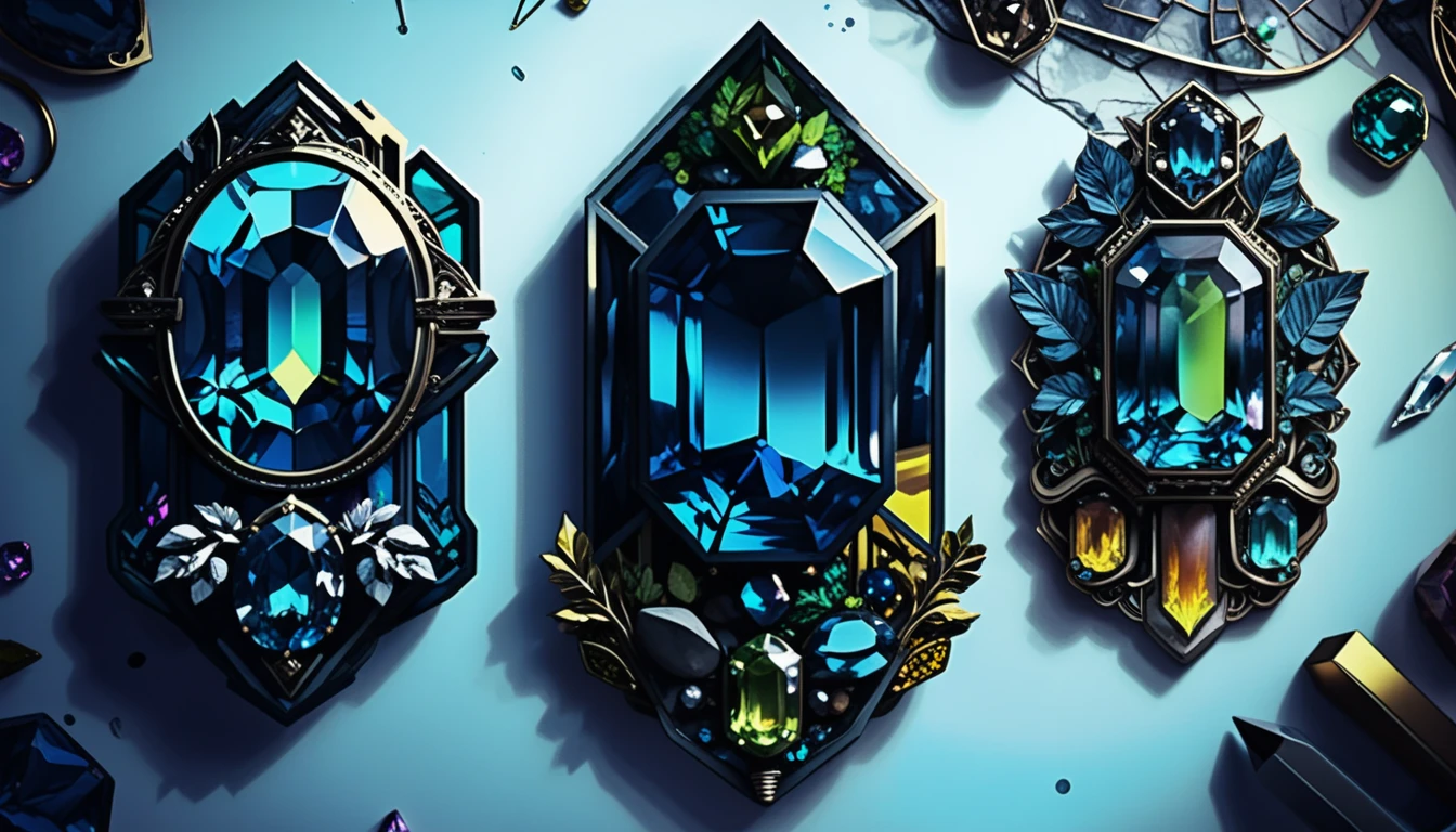 Bohemian goth gemstone jewelry illustration with neon crystal accents