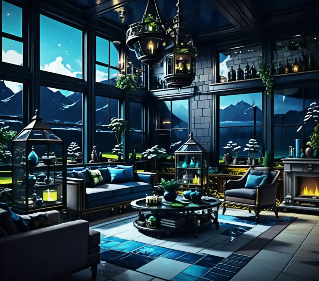 Fantasy merchant house diorama with exposed lush interior