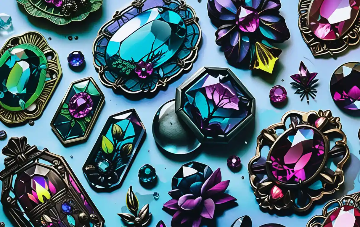 Illustrazione di gioielli boho goth con gemme e accenti di cristallo al neon