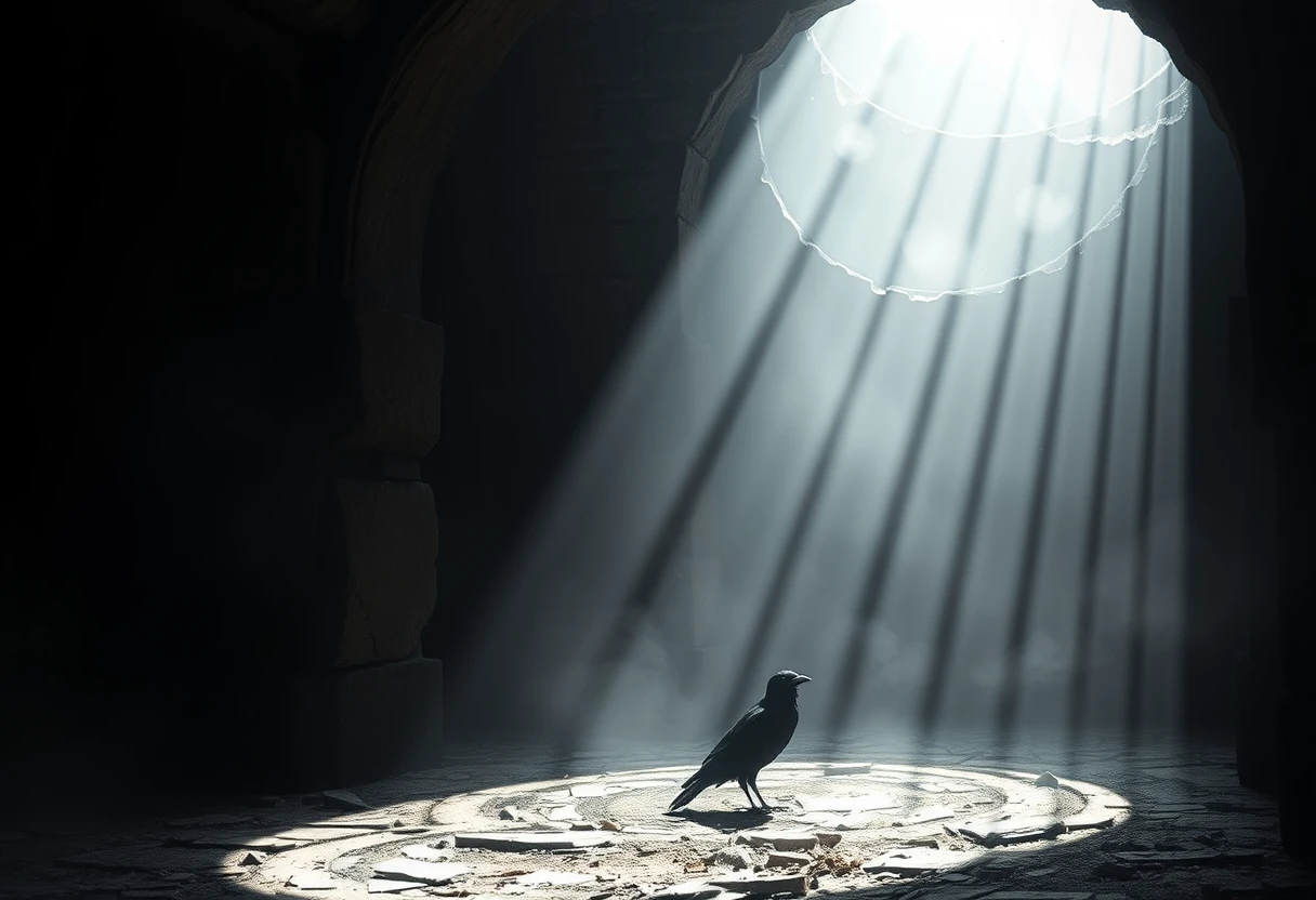 Uccello nero solitario che emerge in un cerchio di luce