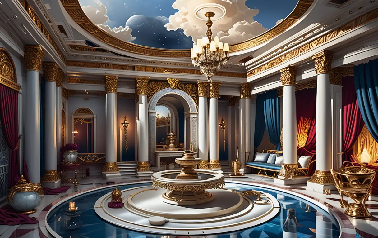 Diorama de villa fantastique opulente avec intérieur de temple céleste