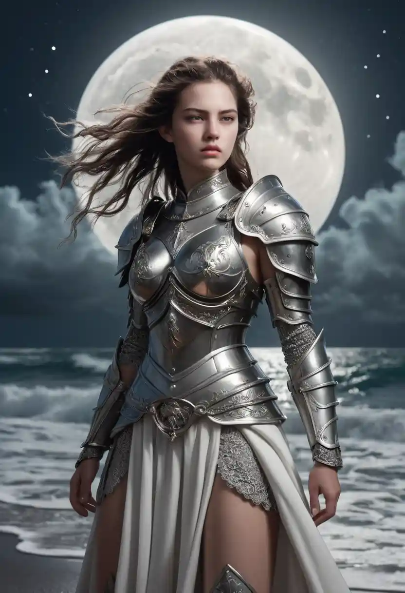 Guerriera del mare corazzata nella silenziosa risacca al chiaro di luna