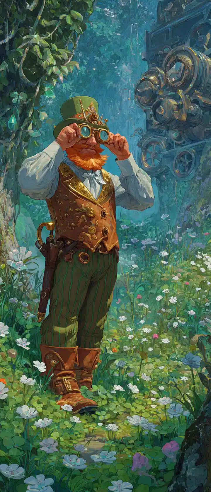 Leprechaun In Steampunk Waistcoat Overlooking Enchanted Glade