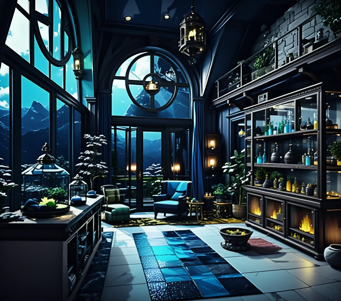 Intérieur stylisé de maison à deux étages avec détails de boutique fantastique