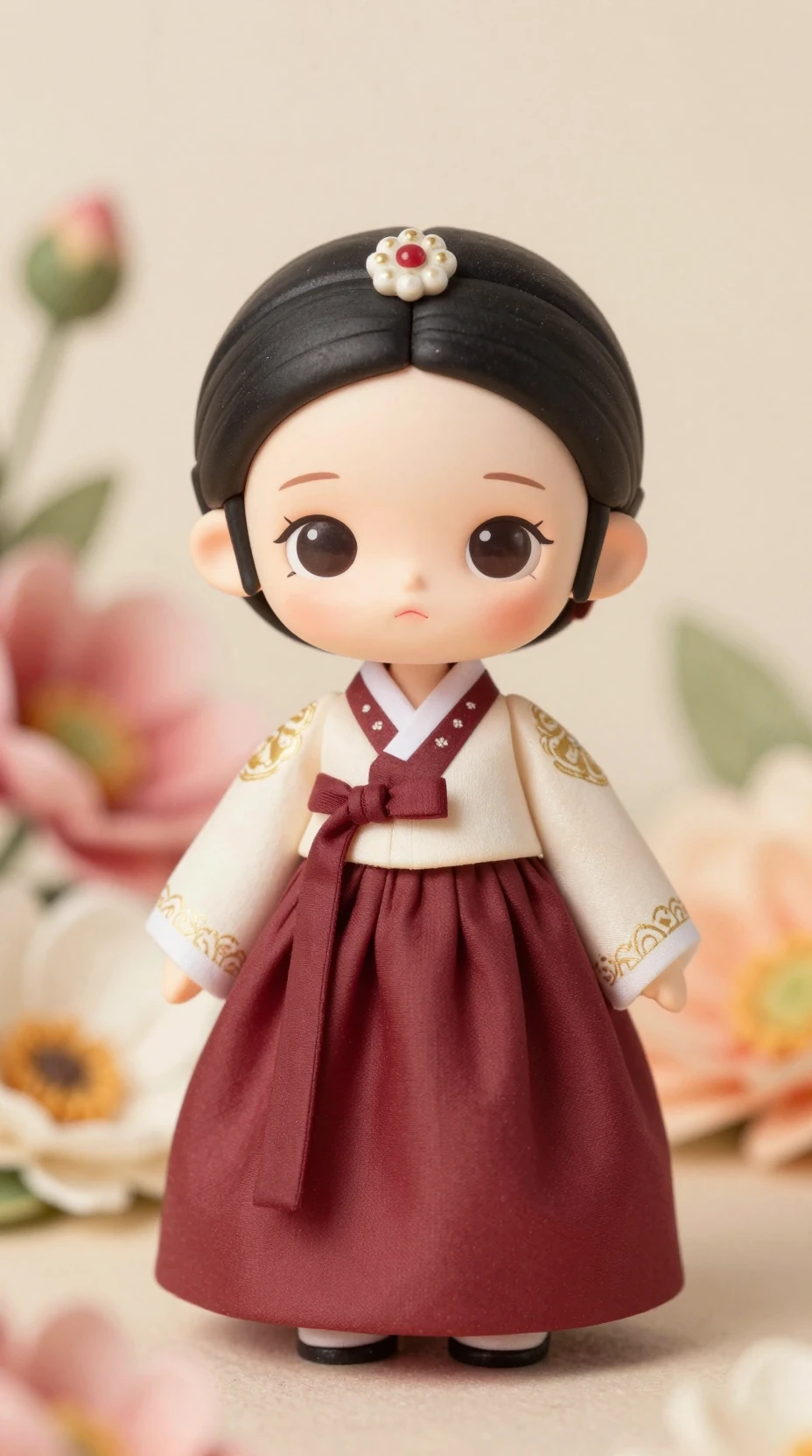 Bambola in hanbok in miniatura tra fiori giganti morbidi e sfocati