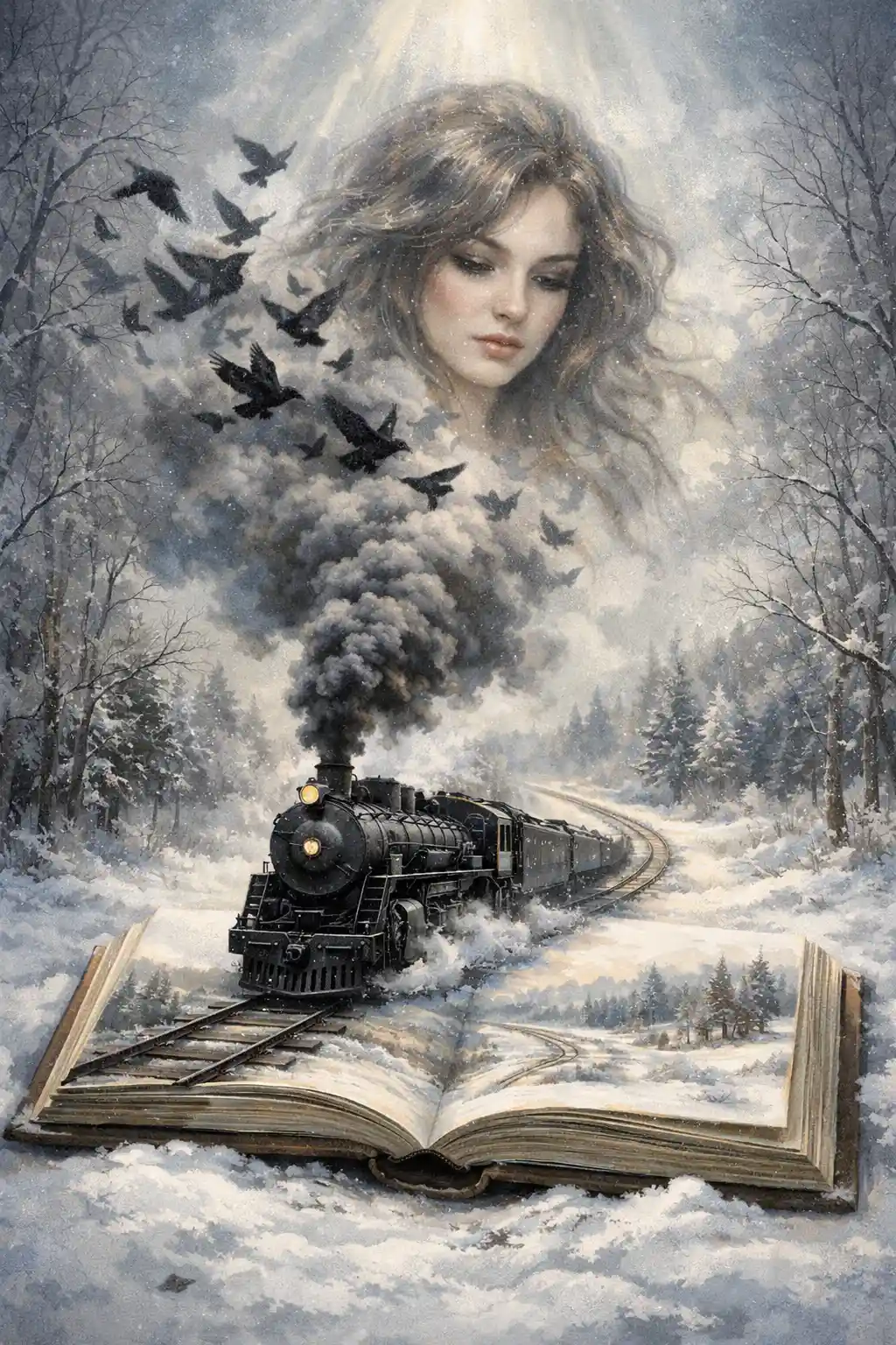 Steam train emerging from an open book in winter forest