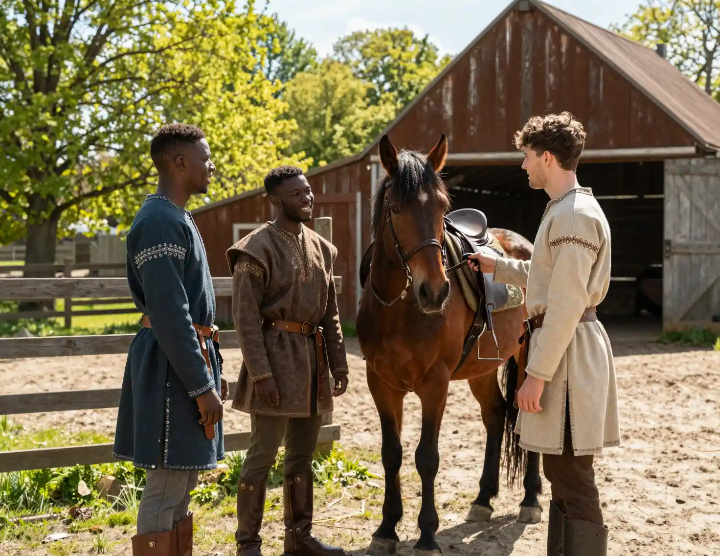 Three young men with a horse in a sunny corral