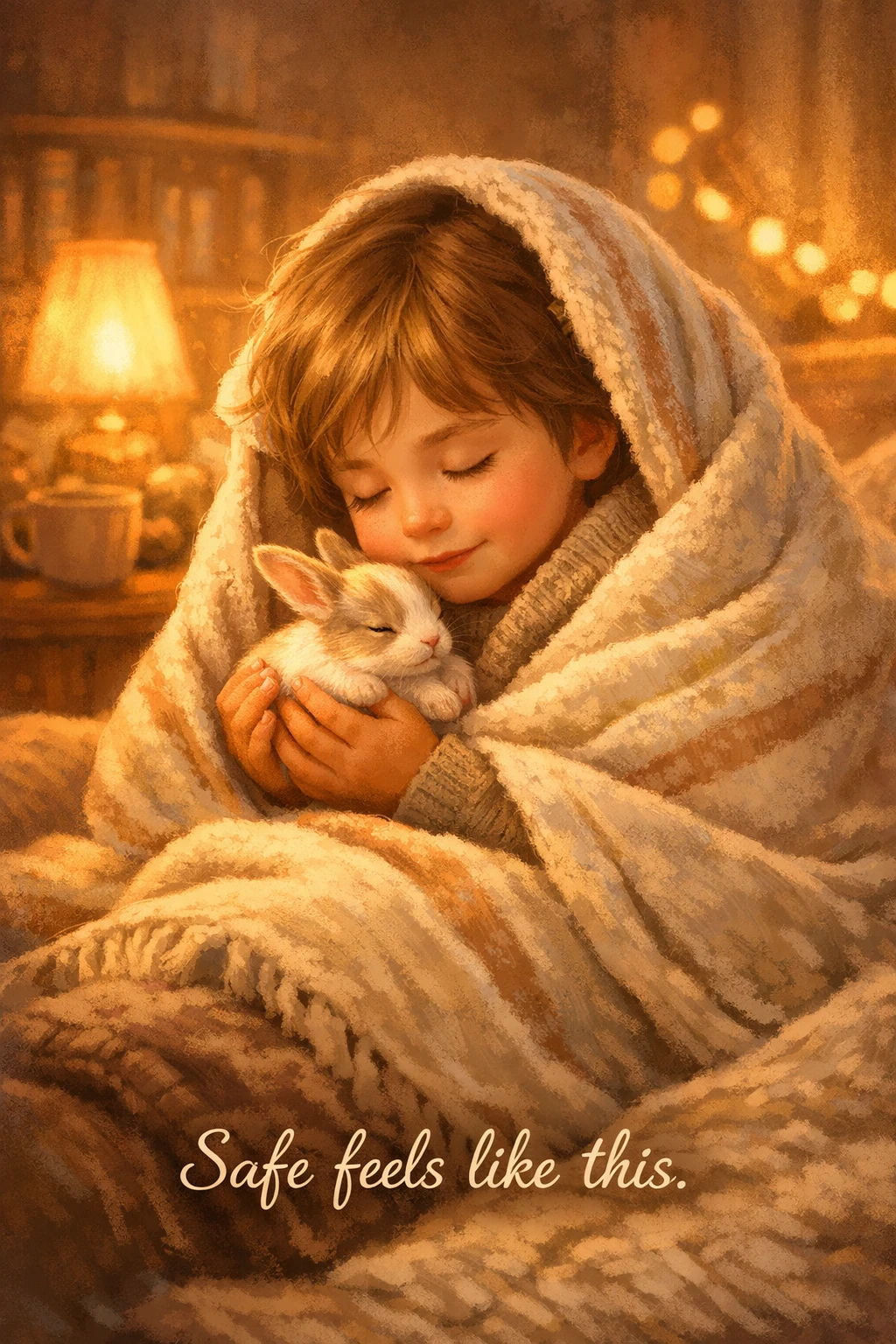 Bambino che coccola un coniglietto in una calda e accogliente illustrazione