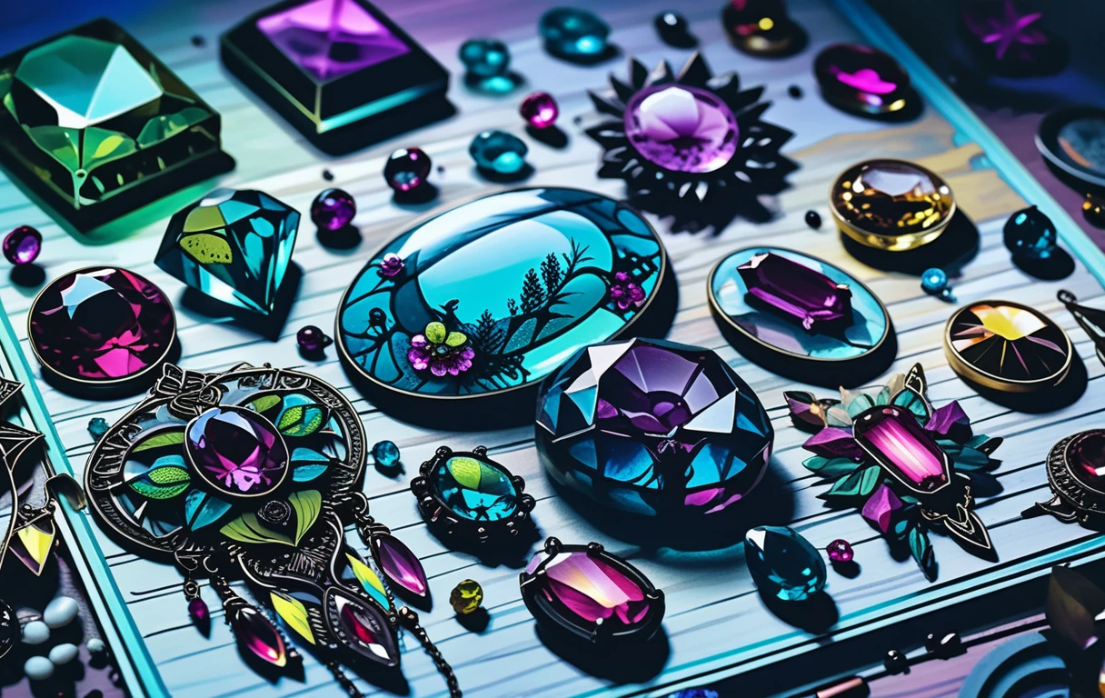 ボヘミアンゴシックの宝石ジュエリーイラスト：ネオン水晶のアクセント