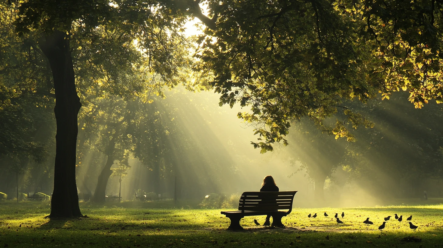 Person resting on a quiet park bench in gentle morning light