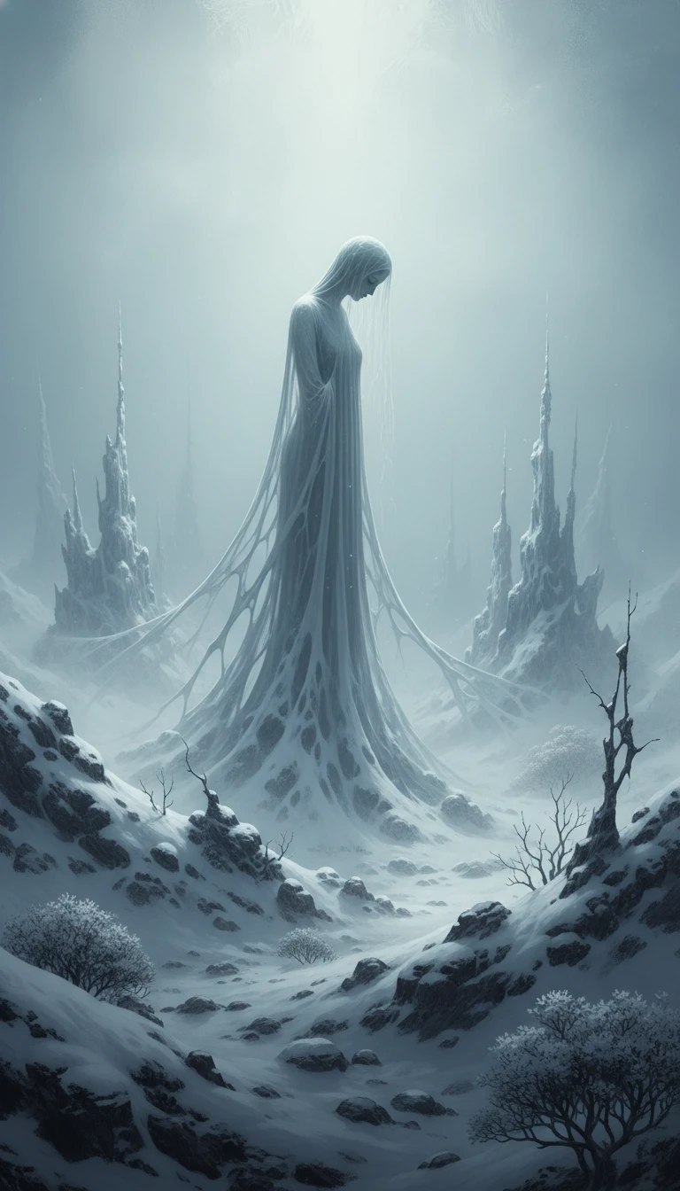 Figura fantasmagórica em uma paisagem de inverno azul e enevoada
