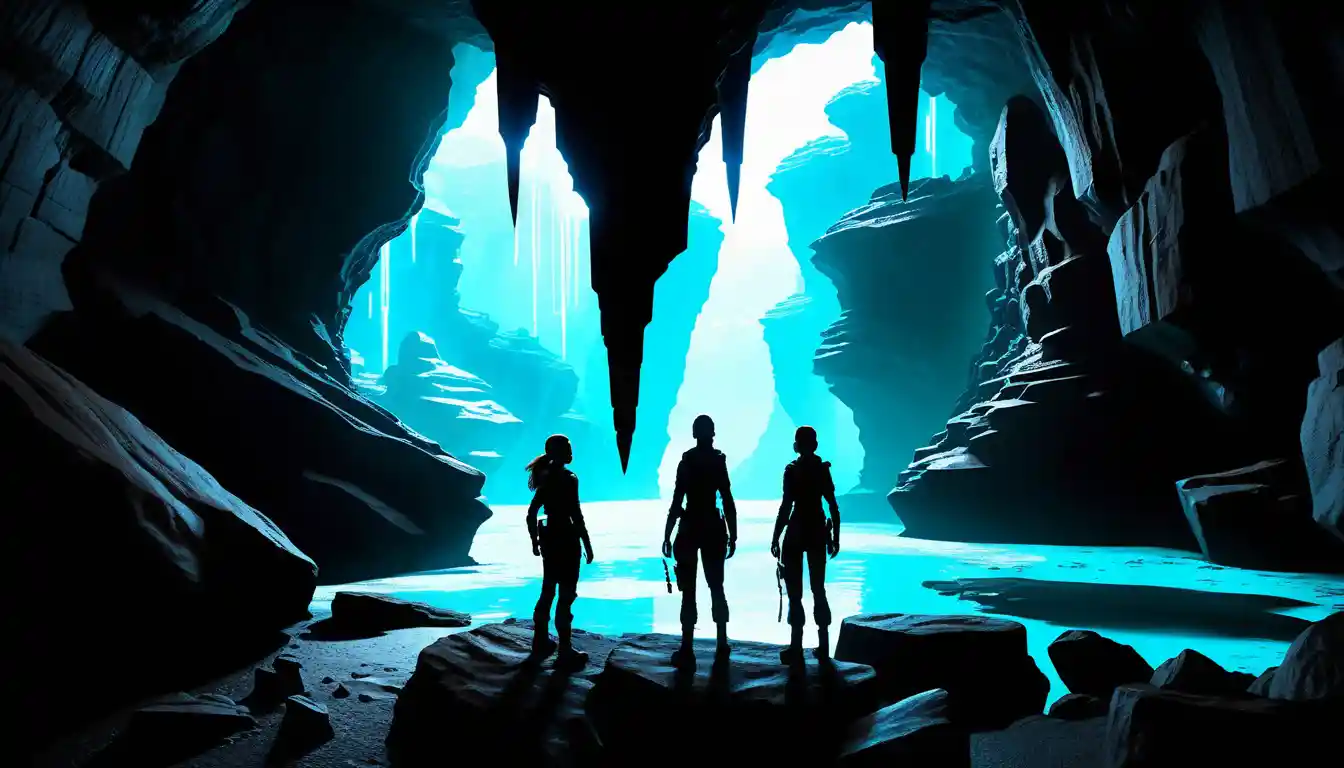 Two explorers shielded by energy field in rocky cavern