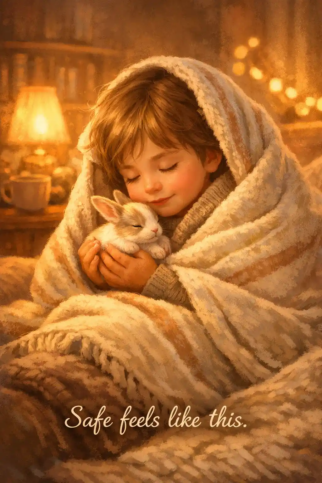 Child cuddling a baby rabbit in a warm cozy illustration