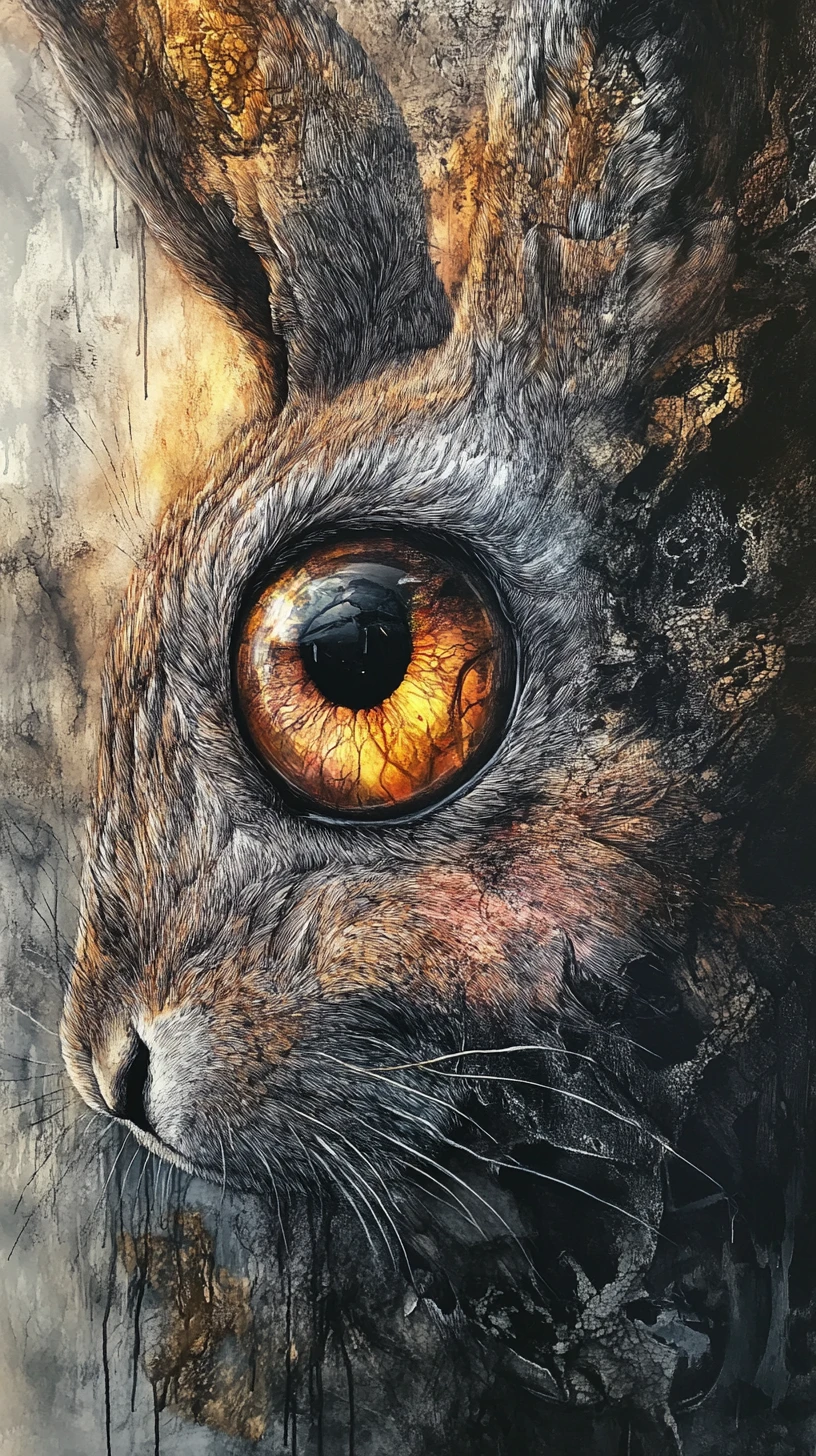 大きな反射する瞳を持つ抽象的なミクストメディアのウサギ