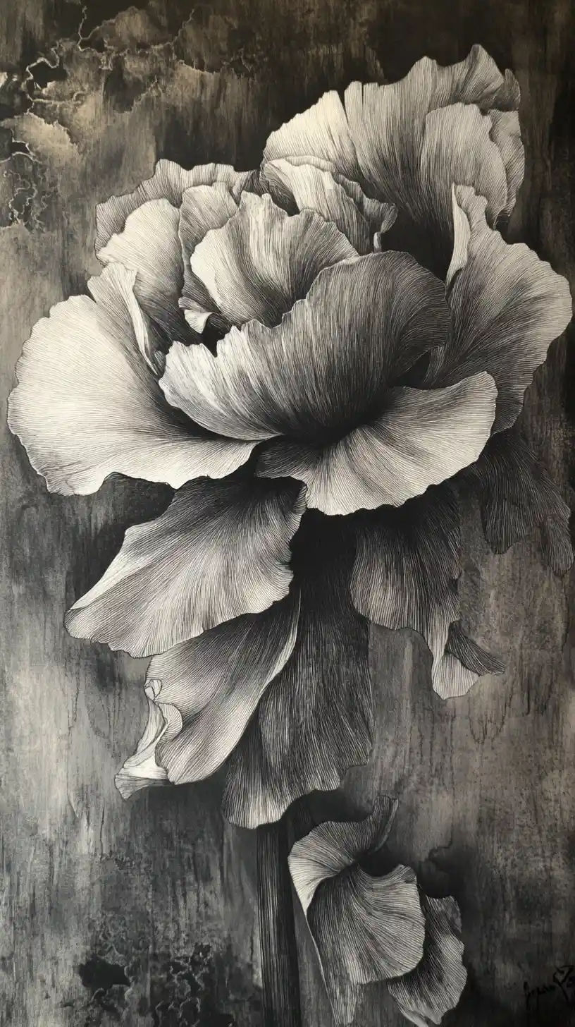 Abstrakte Nahaufnahme einer Blume in Mixed-Media-Tintenmalerei