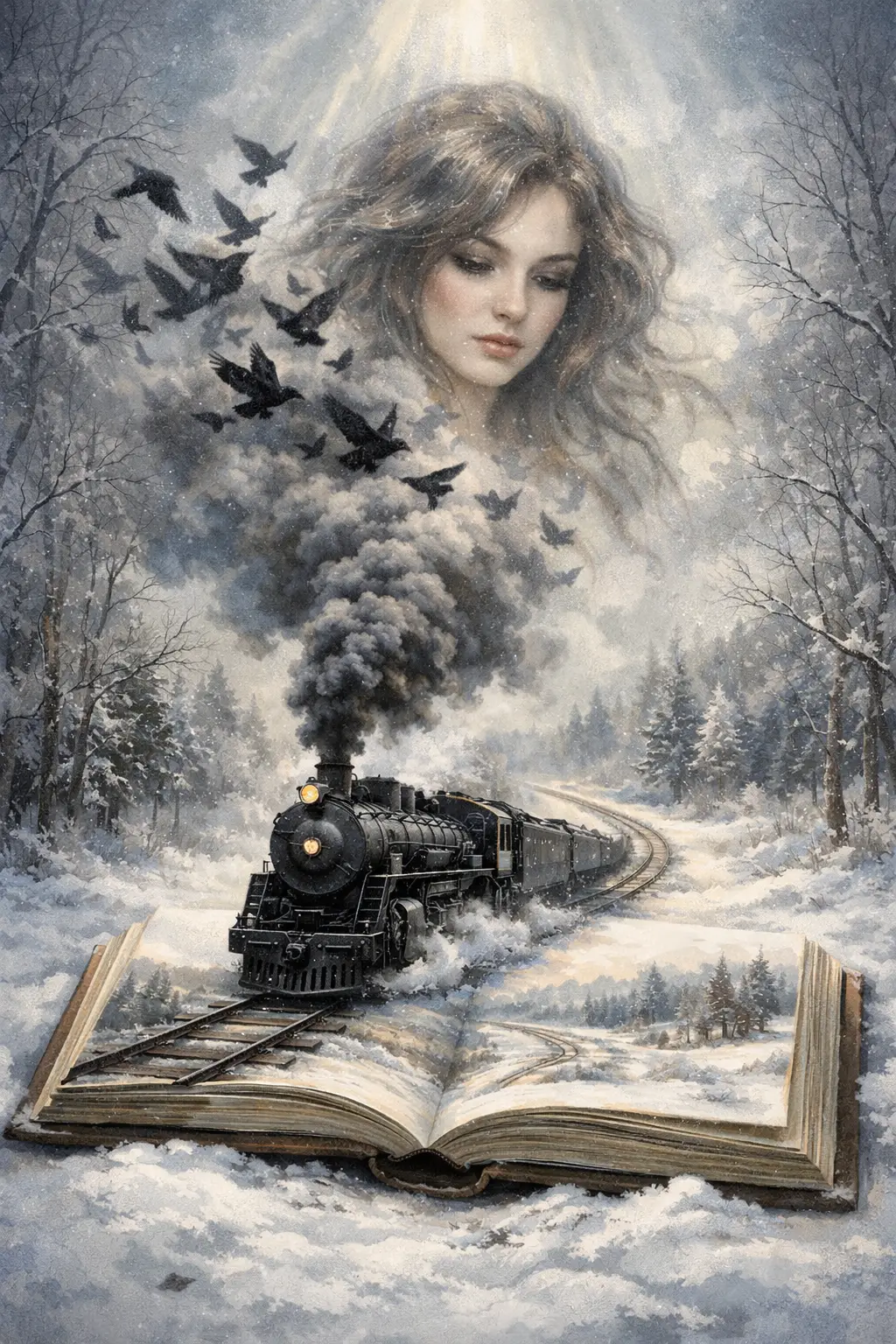 Tren de vapor que emerge de un libro abierto en un bosque invernal