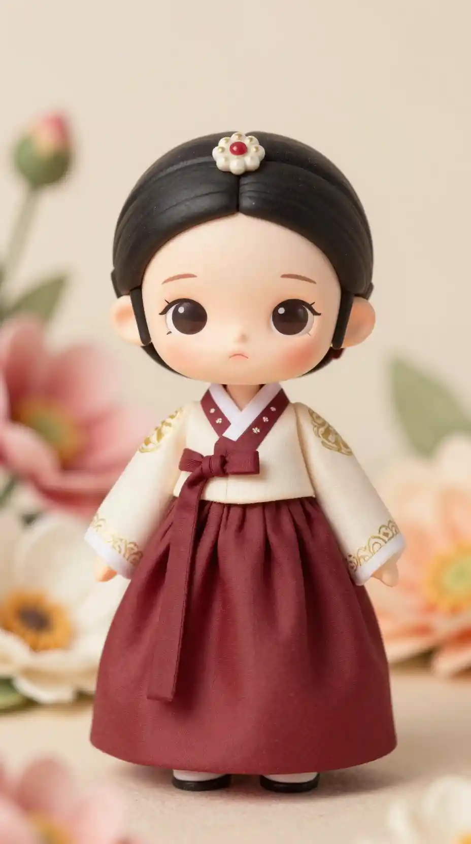 Bambola in hanbok in miniatura tra fiori giganti morbidi e sfocati