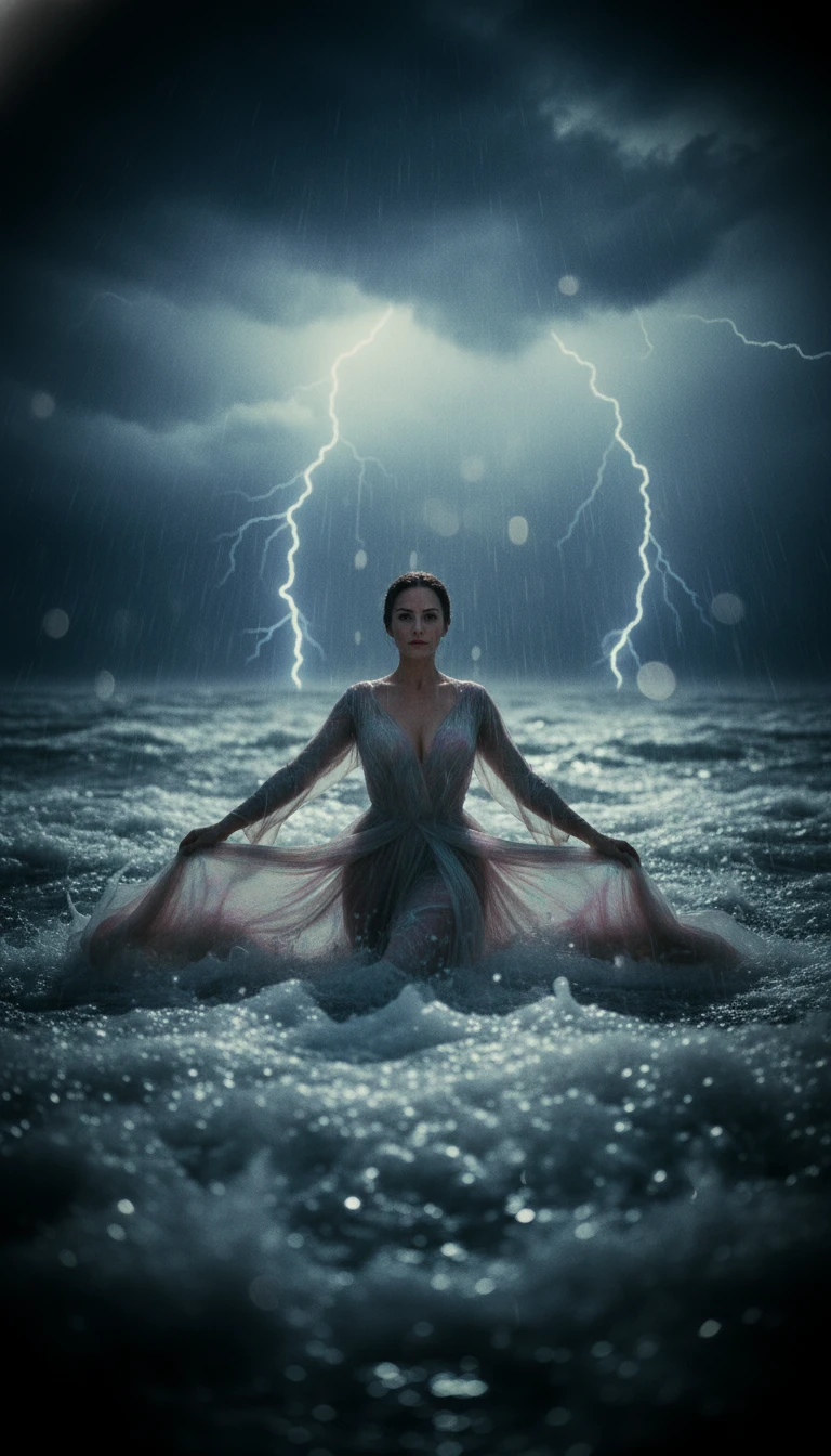 Mulher de vestido esvoaçante nadando em ondas de mar revolto