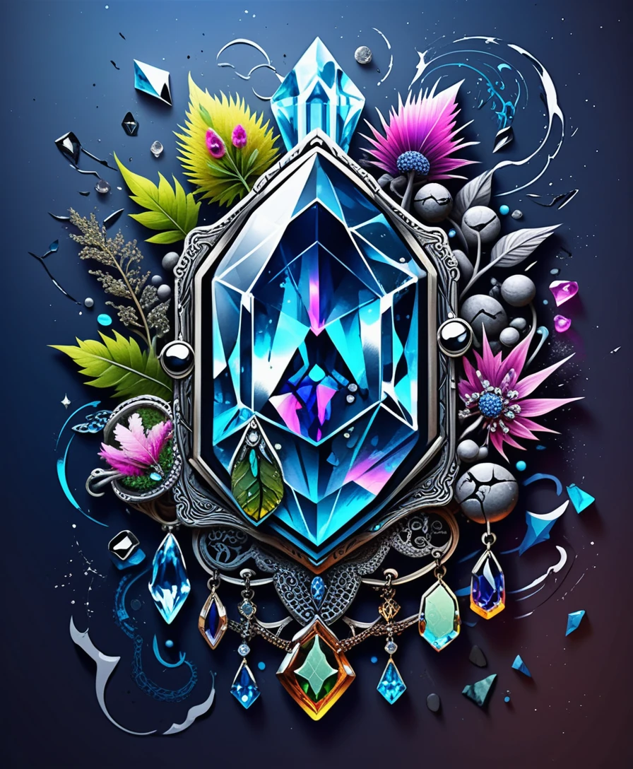 Illustration de tatouage gothique bohème avec gemmes et amas de cristaux néon