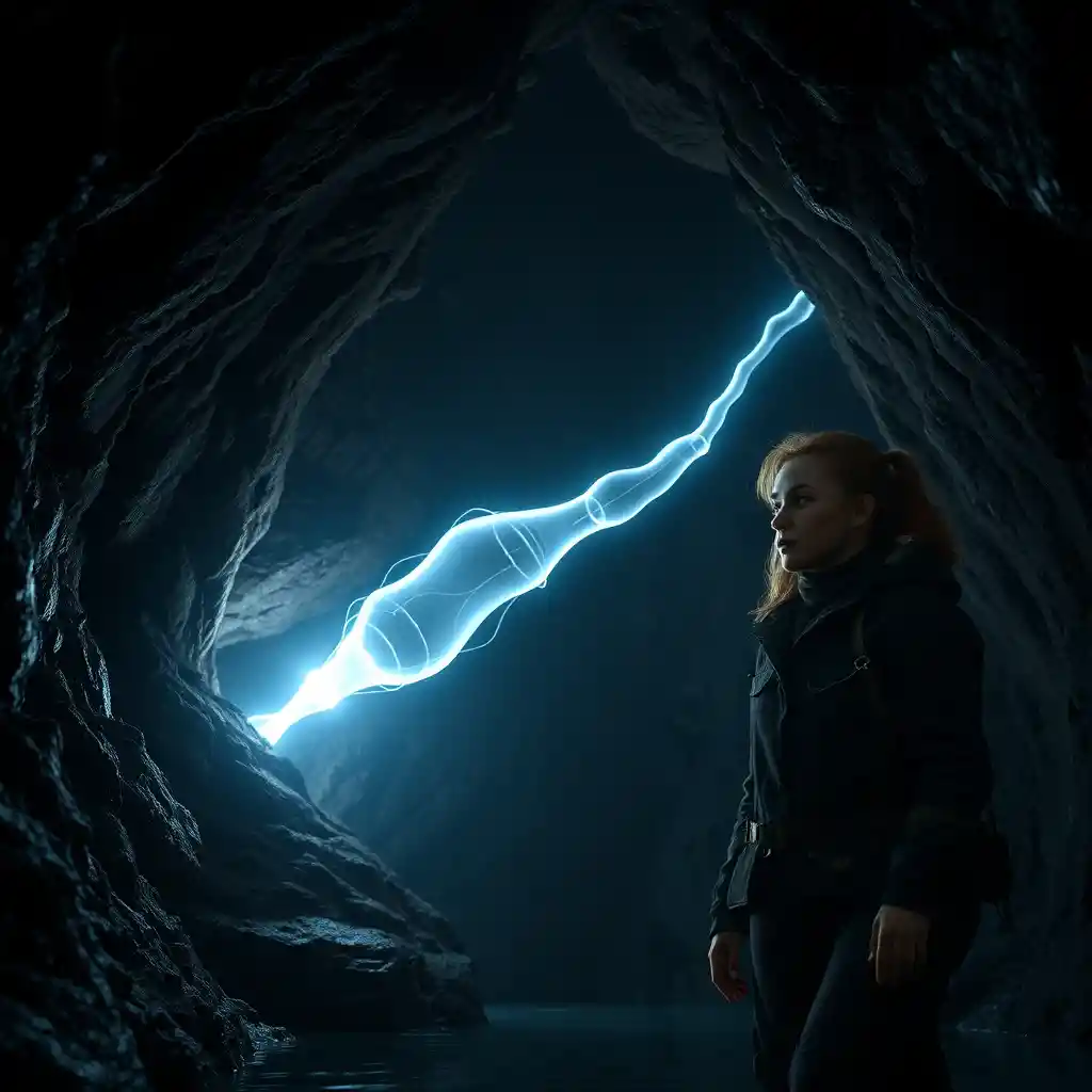 Two explorers protected by energy field in dark cave