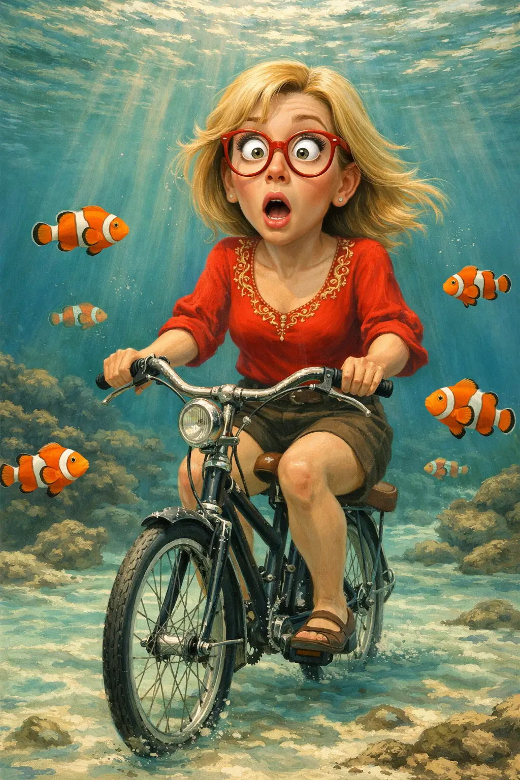 Donna surreale che pedala all'asciutto su un fondale marino cristallino