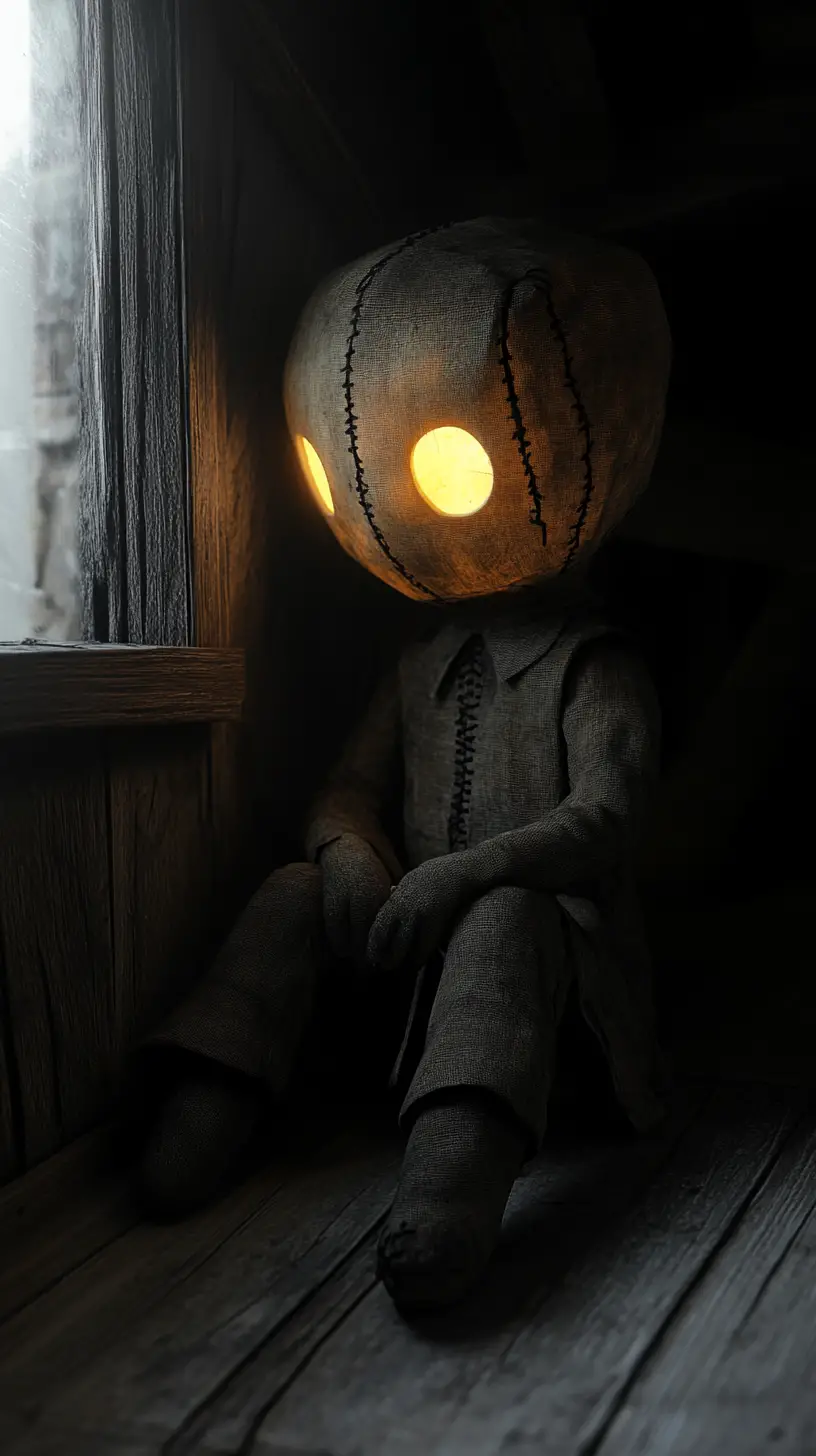 Figura con cabeza de farol que brilla suavemente en una habitación de madera oscura