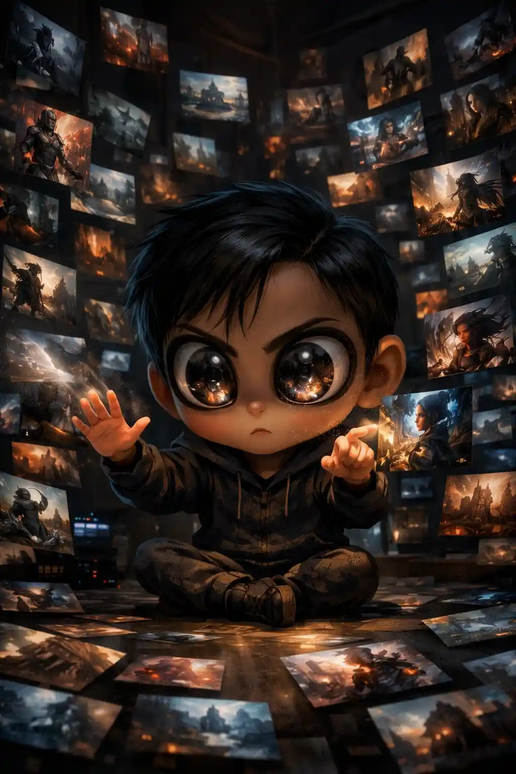 Caricatured AI artist reviewing glowing floating images