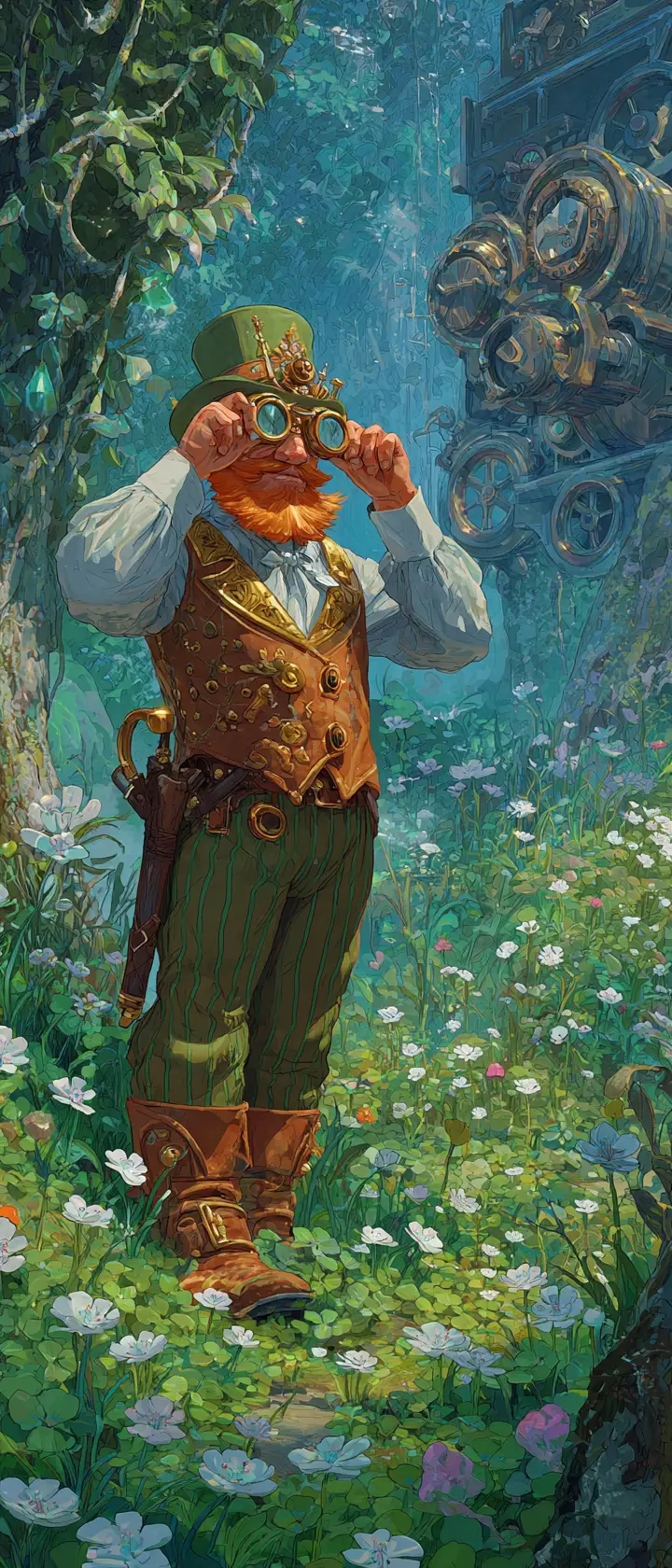 Leprechaun In Steampunk Waistcoat Overlooking Enchanted Glade